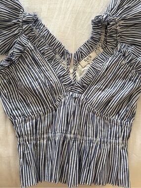 Sea New York Navy and White Striped V-Neck Ruffle Top